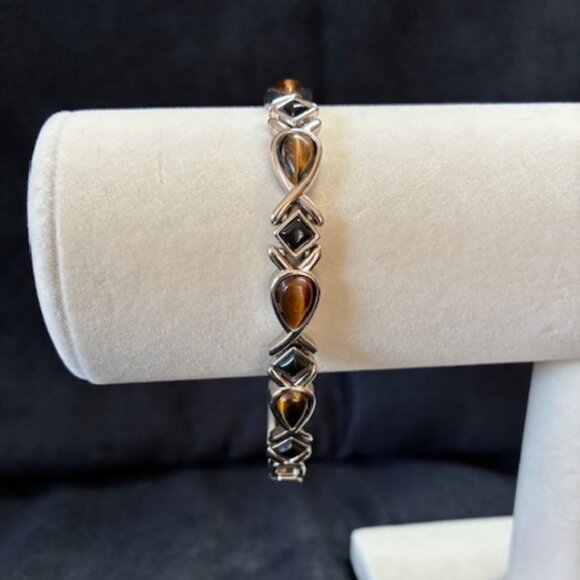 Bracelet - silver tone with black and brown stones, expandable links - Picture 1 of 3